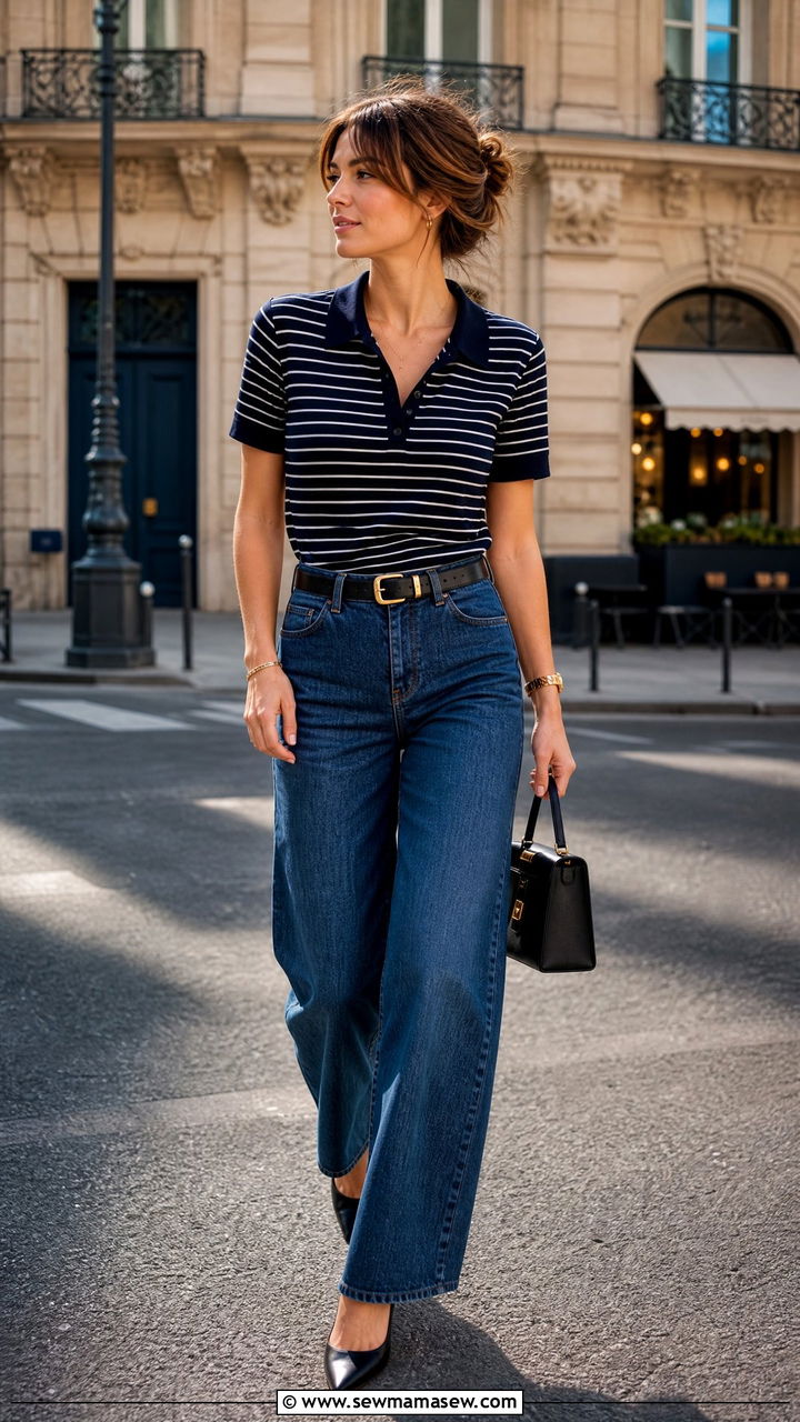 Striped Polo Top With Wide Leg Jeans And Pumps Outfit - 30 French girl outfit ideas with jeans