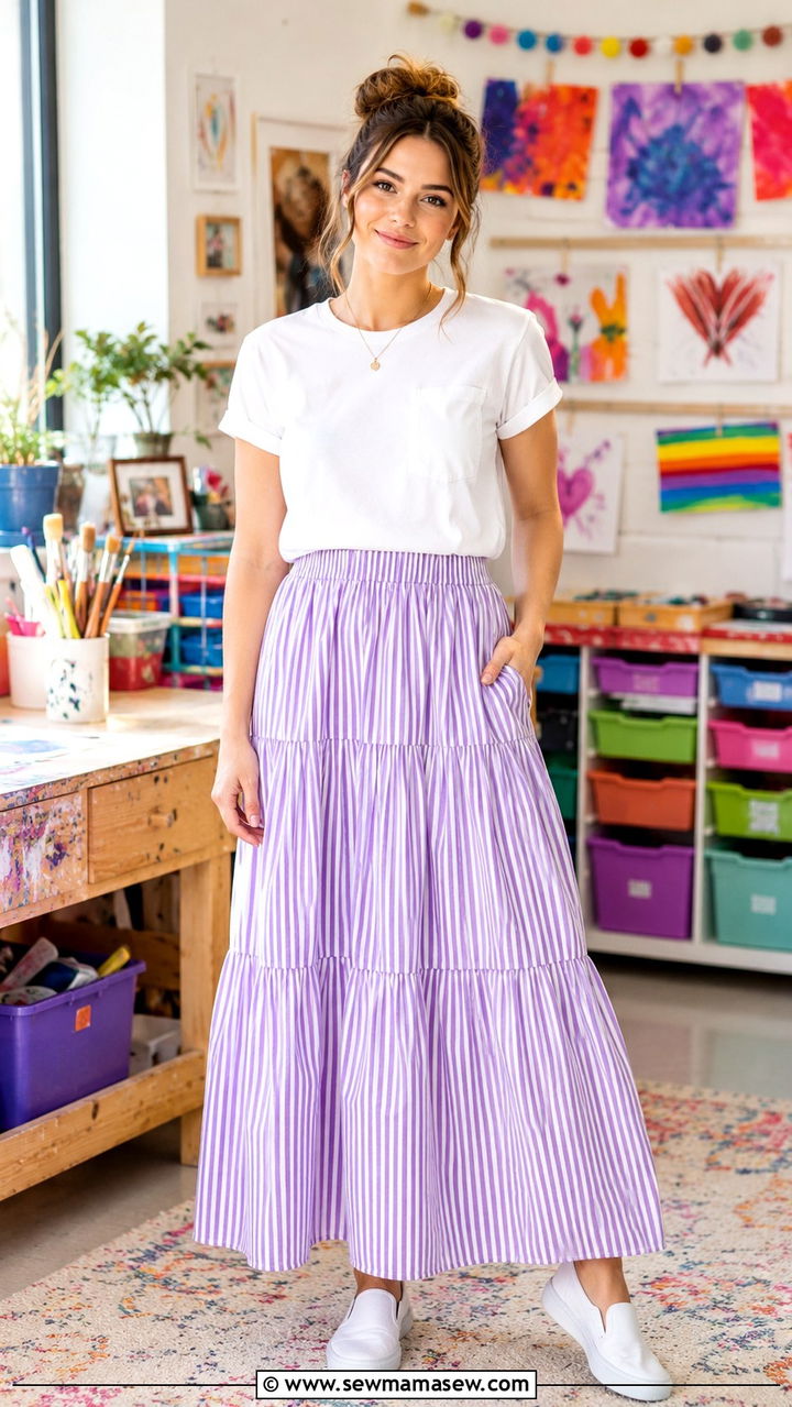 Striped Purple Maxi Skirt and White T Shirt - 30 cute teacher outfits
