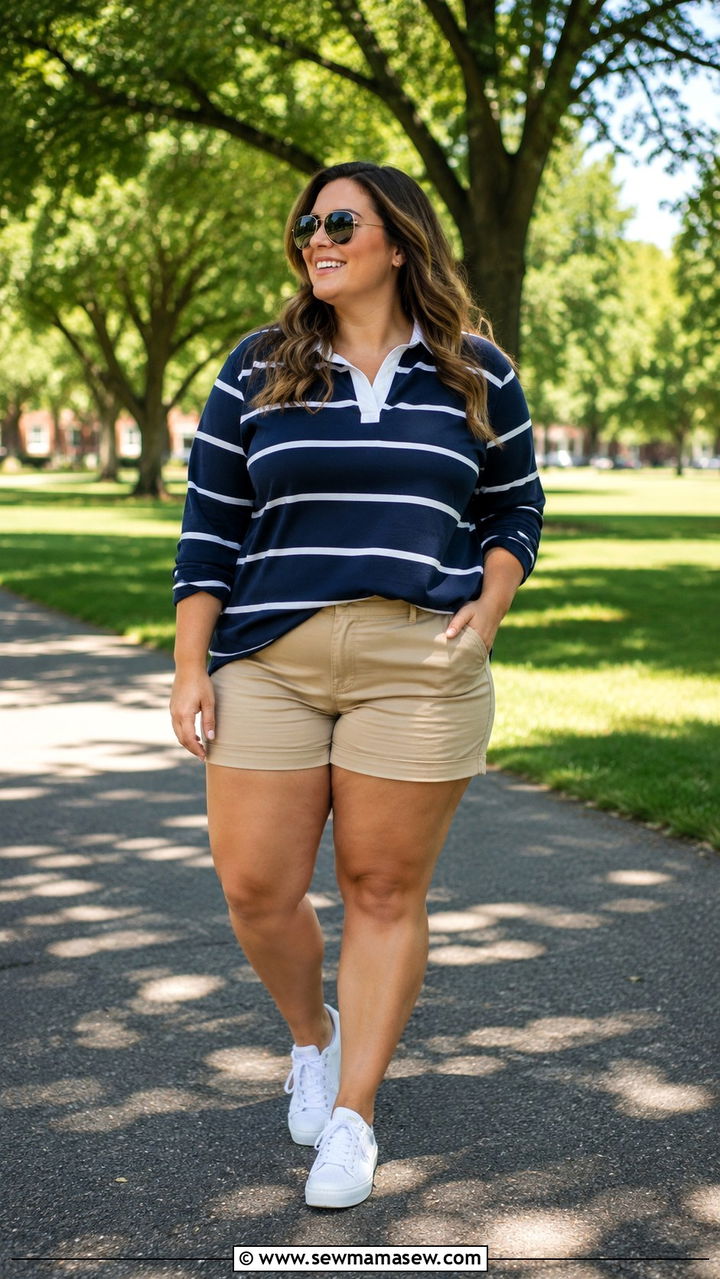 Striped Rugby Shirt And Chino Shorts Outfit For Curvy Women - 25 Preppy outfits for curvy women