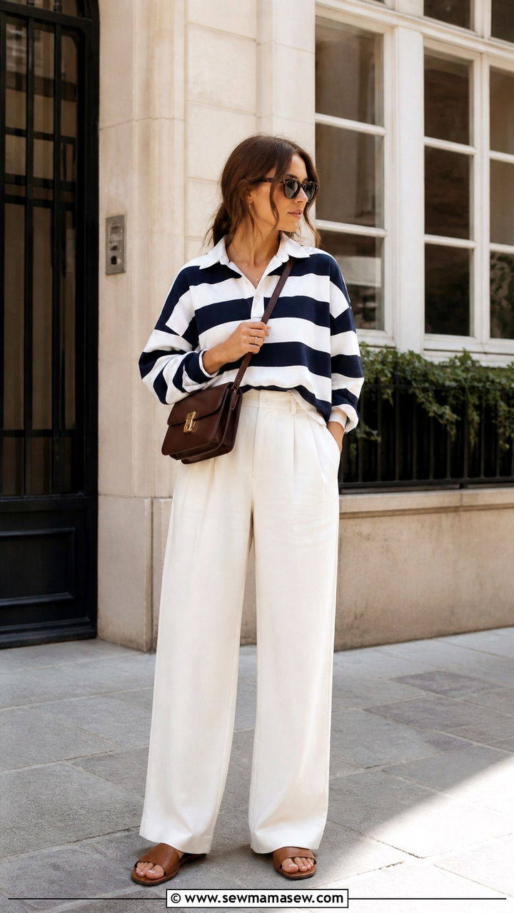 Striped Rugby Shirt Tucked Into Wide Leg Trousers - 40 Summer outfit inspiration
