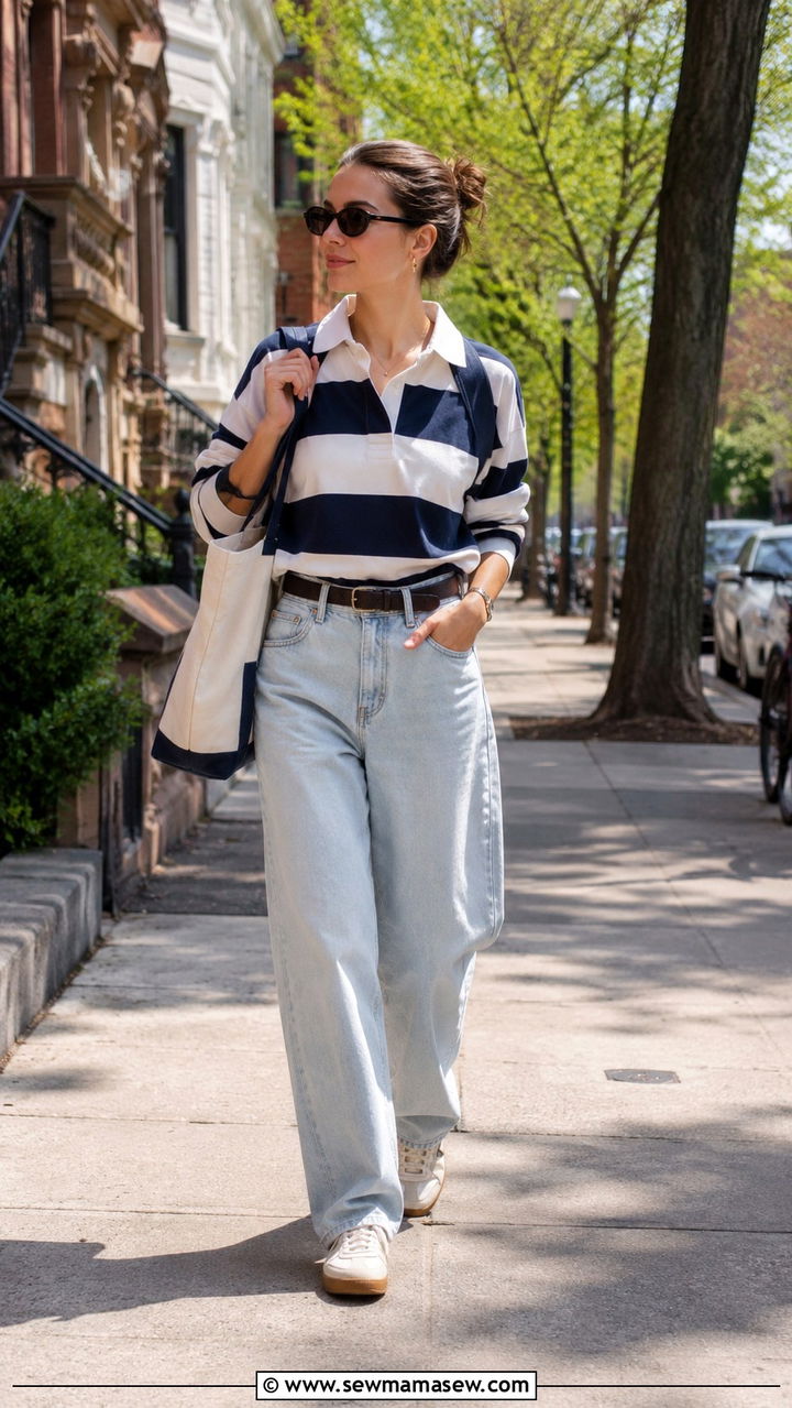 Striped Rugby Shirt With Baggy Jeans and Retro Sneakers - 30 casual preppy outfits