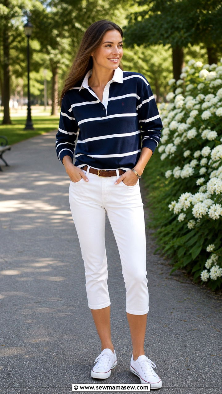 Striped Rugby Shirt With White Capri Pants - 40 summer outfits 2026