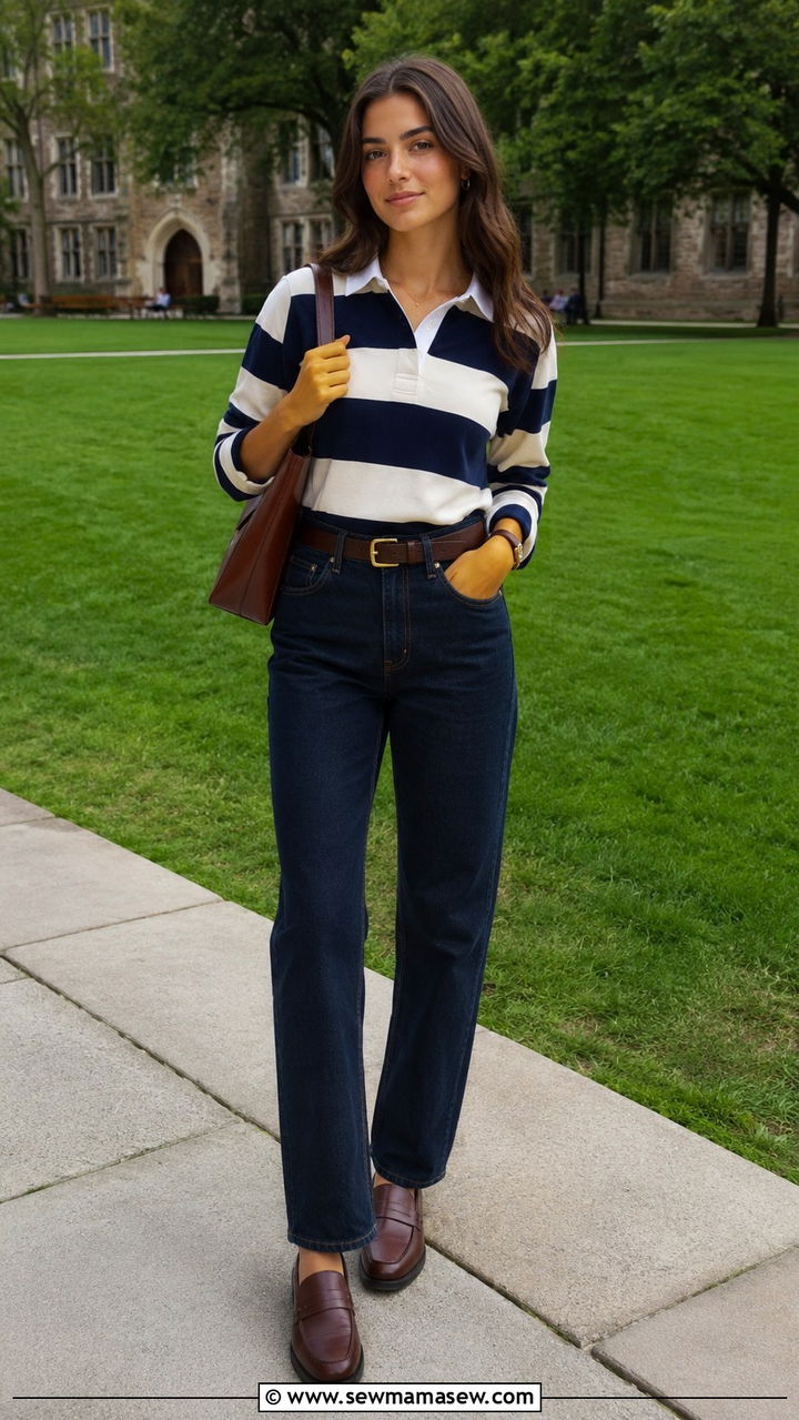 Striped Rugby Shirt with Dark Wash Jeans Outfit - 30 classy back to school outfits