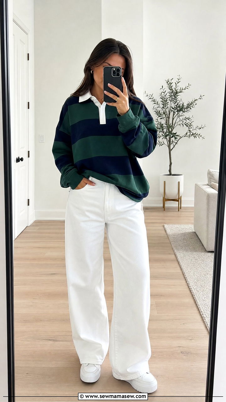 Striped Rugby Shirt with White WideLeg Trousers and Platform Sneakers - 30 preppy capsule wardrobe outfits