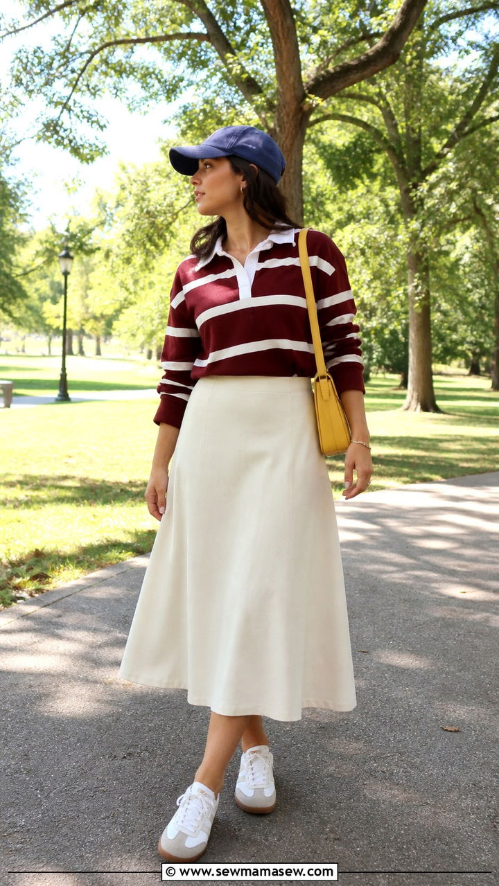 Striped Rugby Top With Midi Skirt and Retro Sneakers - 40 summer to fall outfits