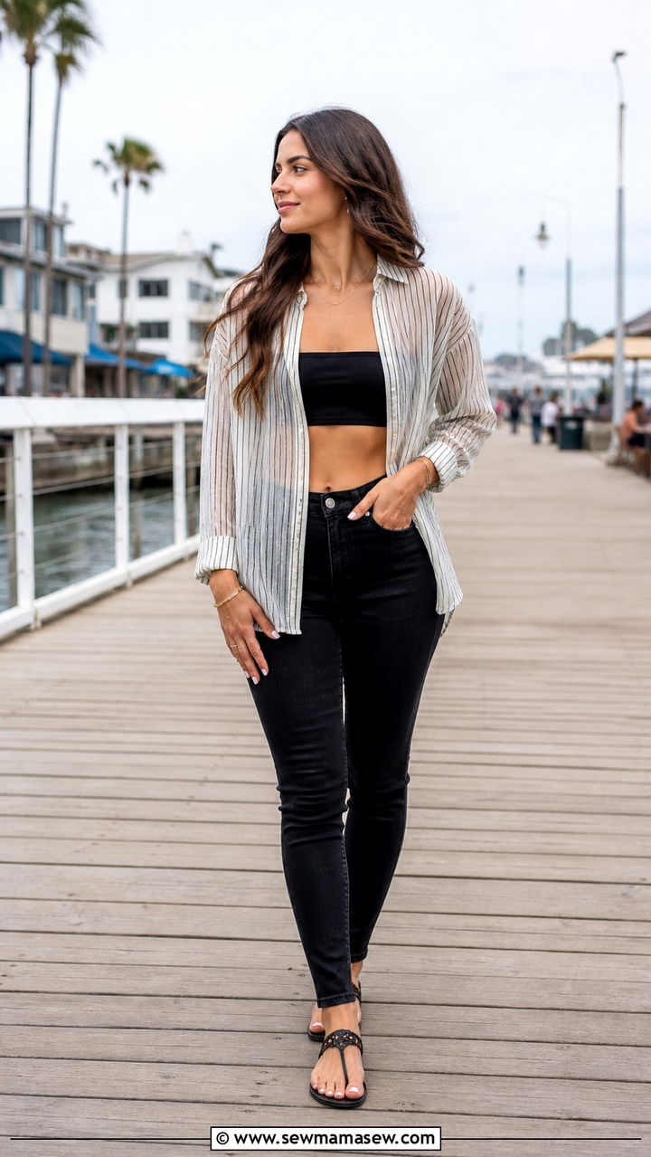Striped Sheer Shirt With Black Jeans and a Bandeau - 40 casual black jeans outfits