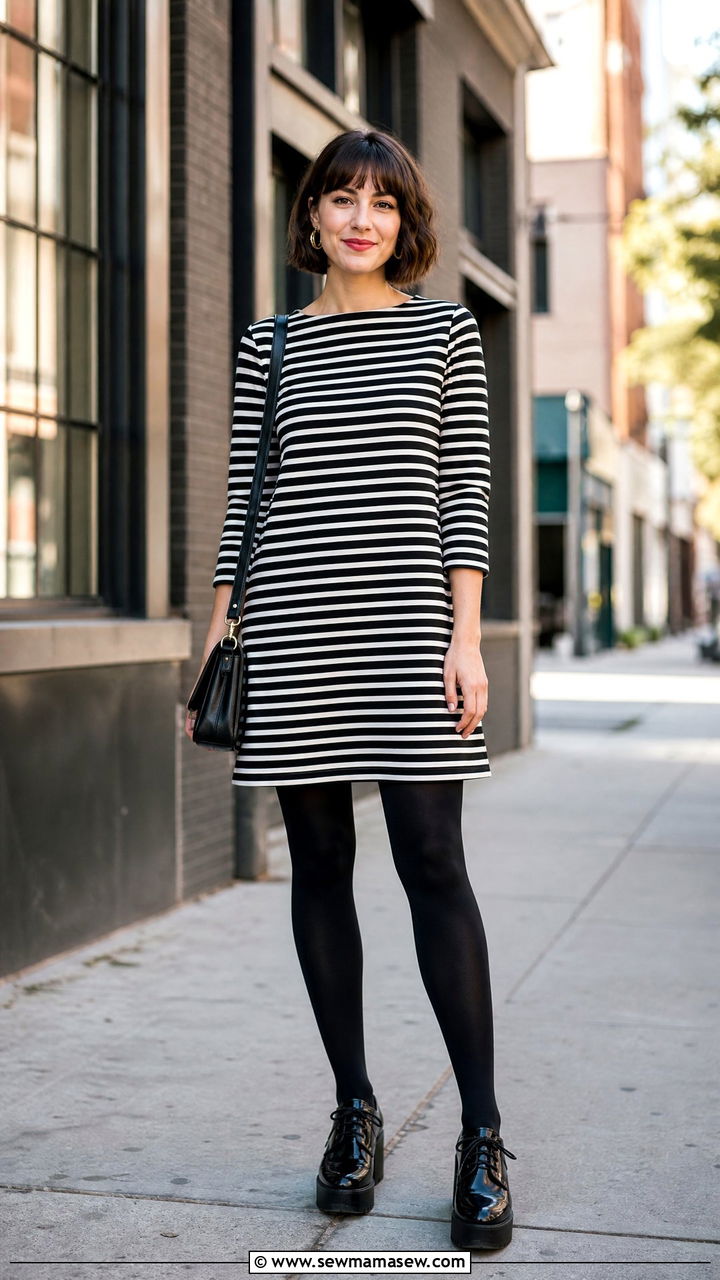Striped Shift Dress With Solid Tights And Platform Oxfords - 25 Shift dress outfit ideas with tights