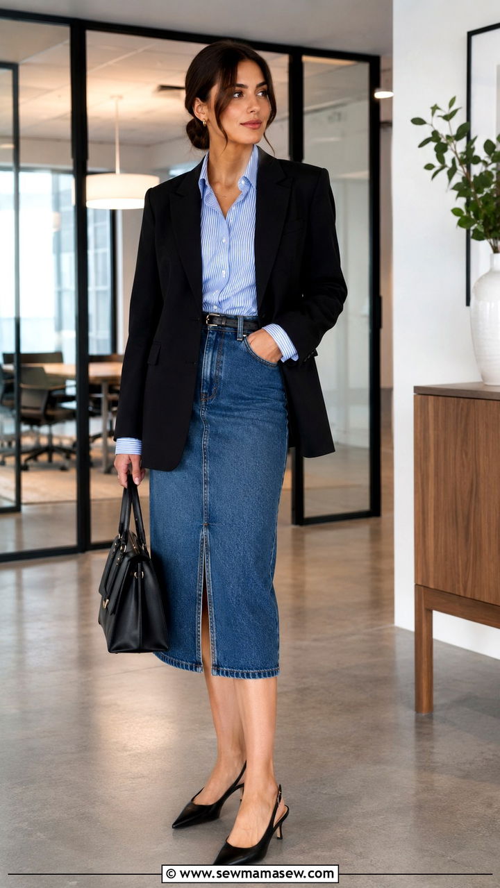 Striped Shirt And Black Blazer With Denim Skirt - 30 Denim skirt outfit ideas with a blazer