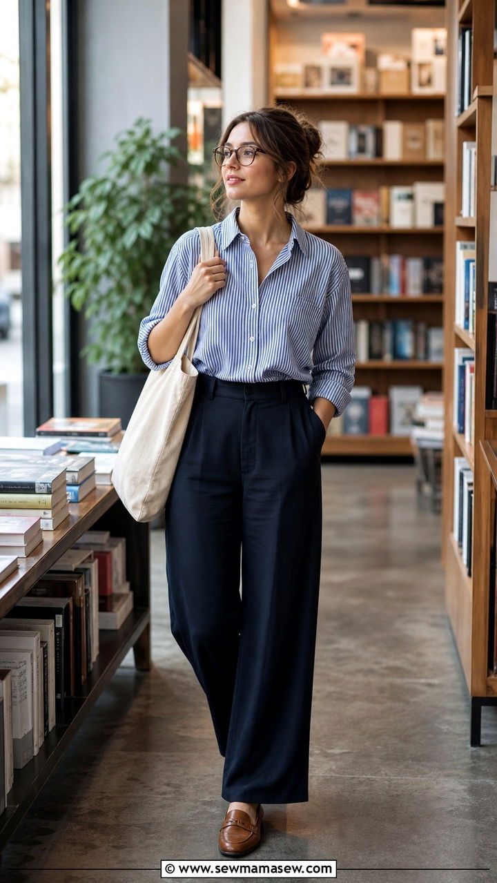 Striped Shirt And High Waisted Trousers With Loafers - 25 cute librarian core outfits