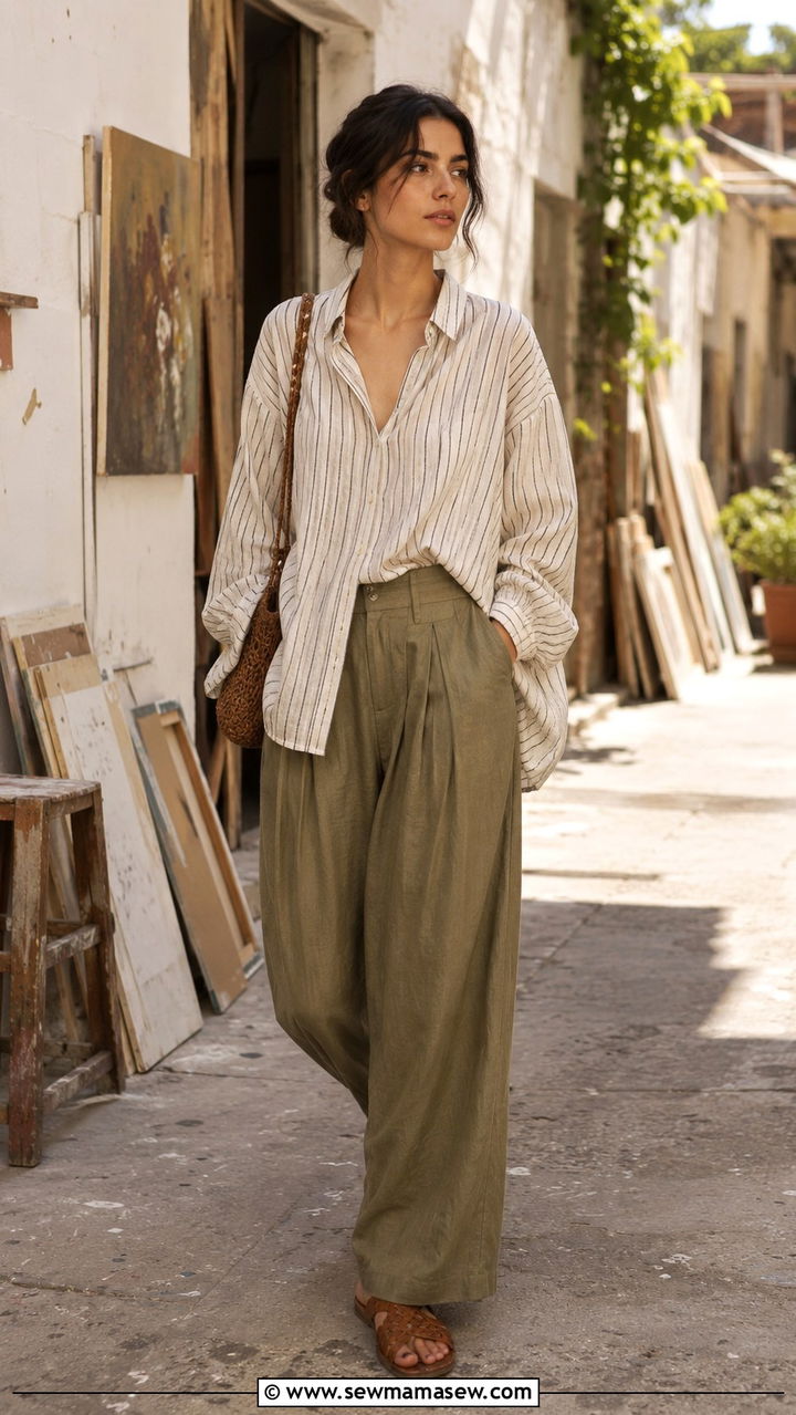 Striped Shirt And Pleated Linen Trousers - 25 poetcore outfits to copy
