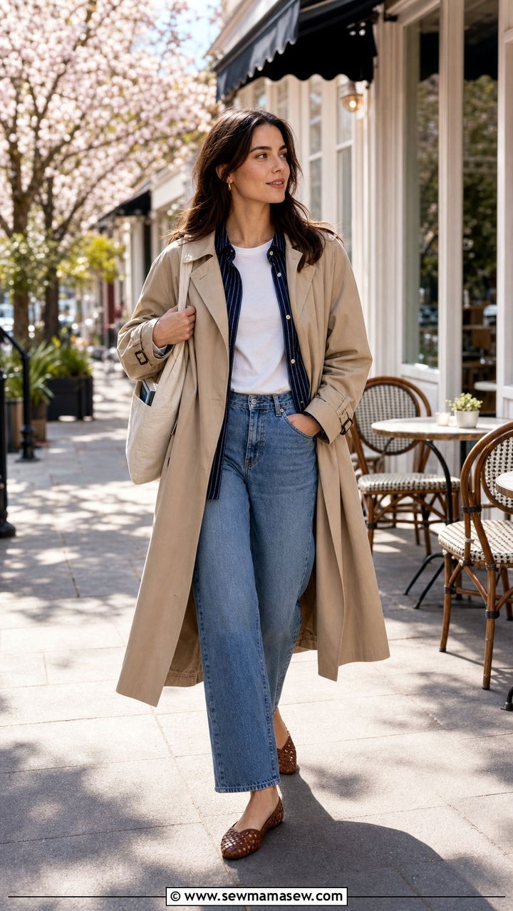 Striped Shirt And Trench Coat Book Club Outfit - 35 Book club outfit ideas