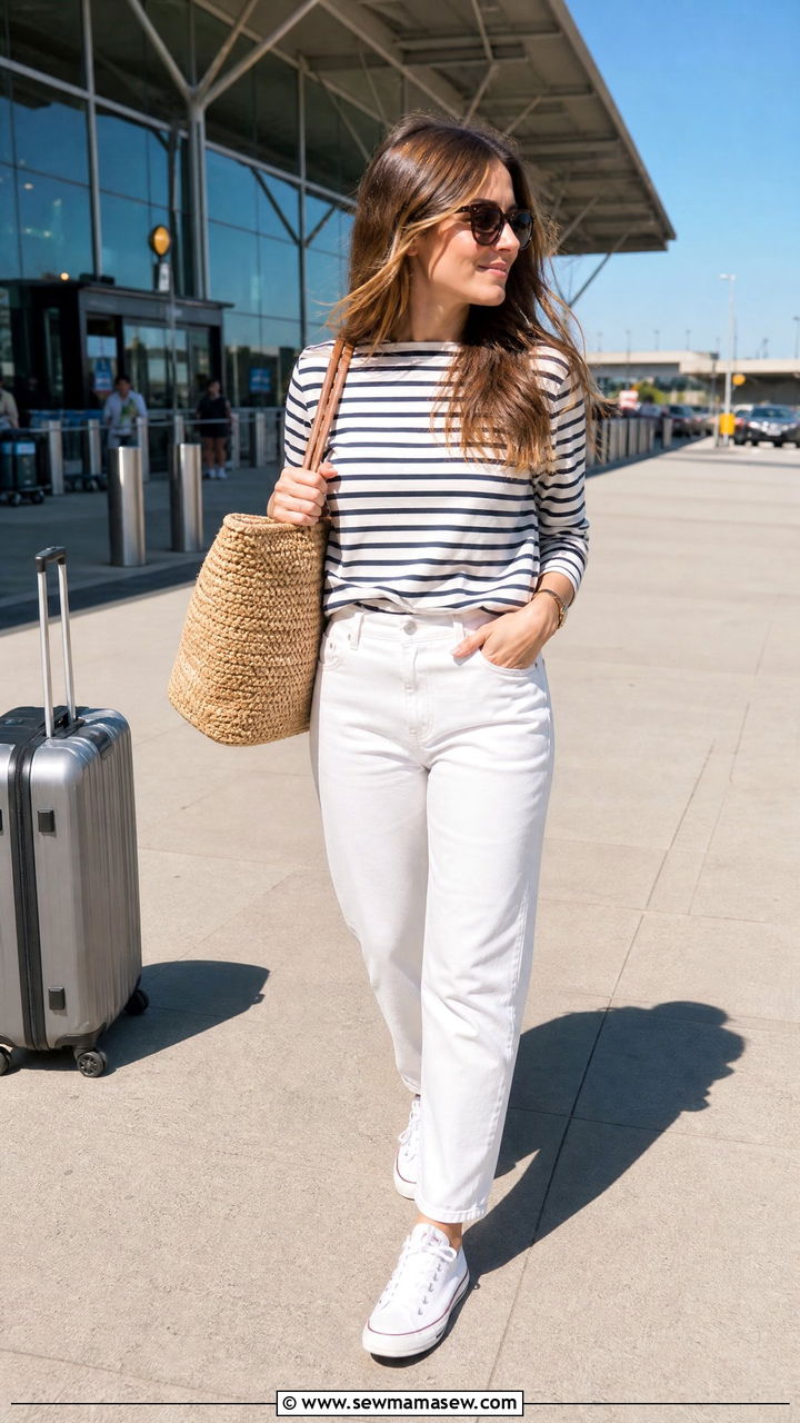 Striped Shirt And White Jeans Summer Airport Look - 30 Europe airport outfit ideas