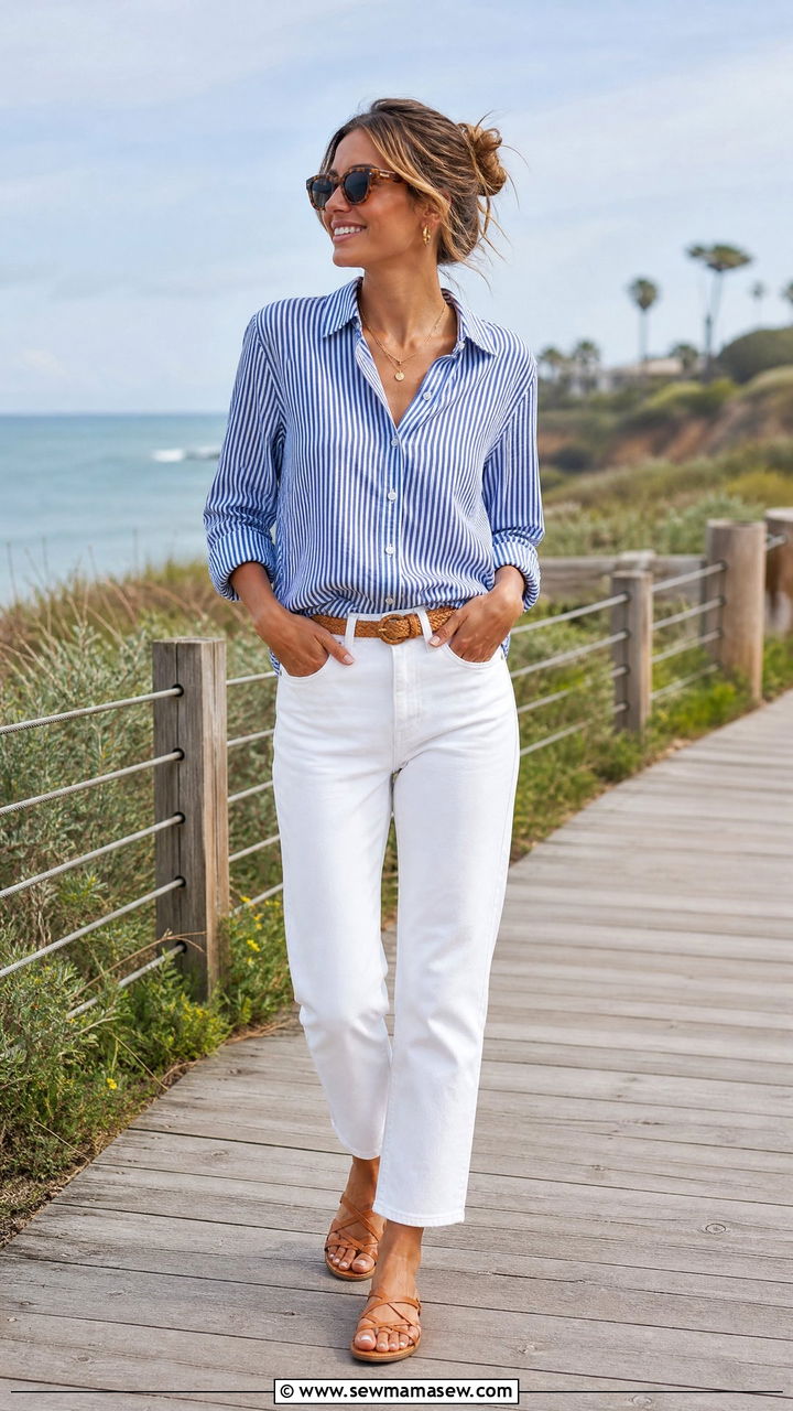 Striped Shirt And White Jeans - 40 summer chic outfit ideas