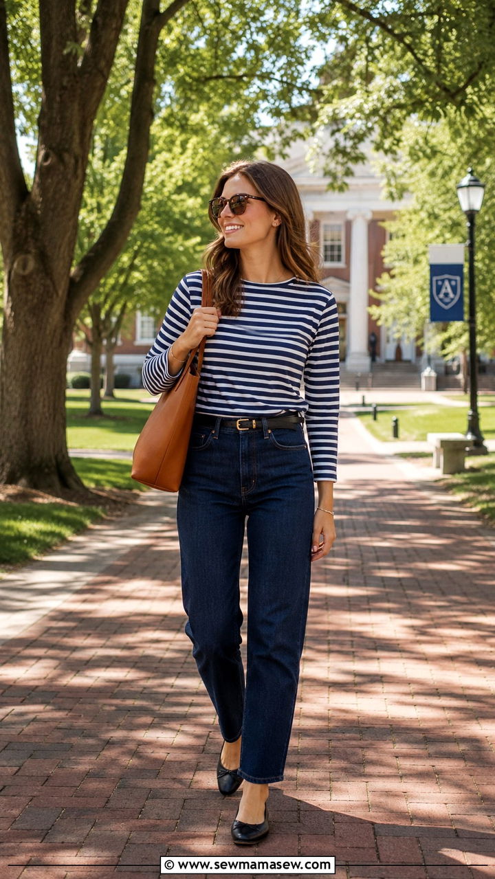 Striped Shirt Dark Denim and Ballet Flats - 30 Preppy school outfits