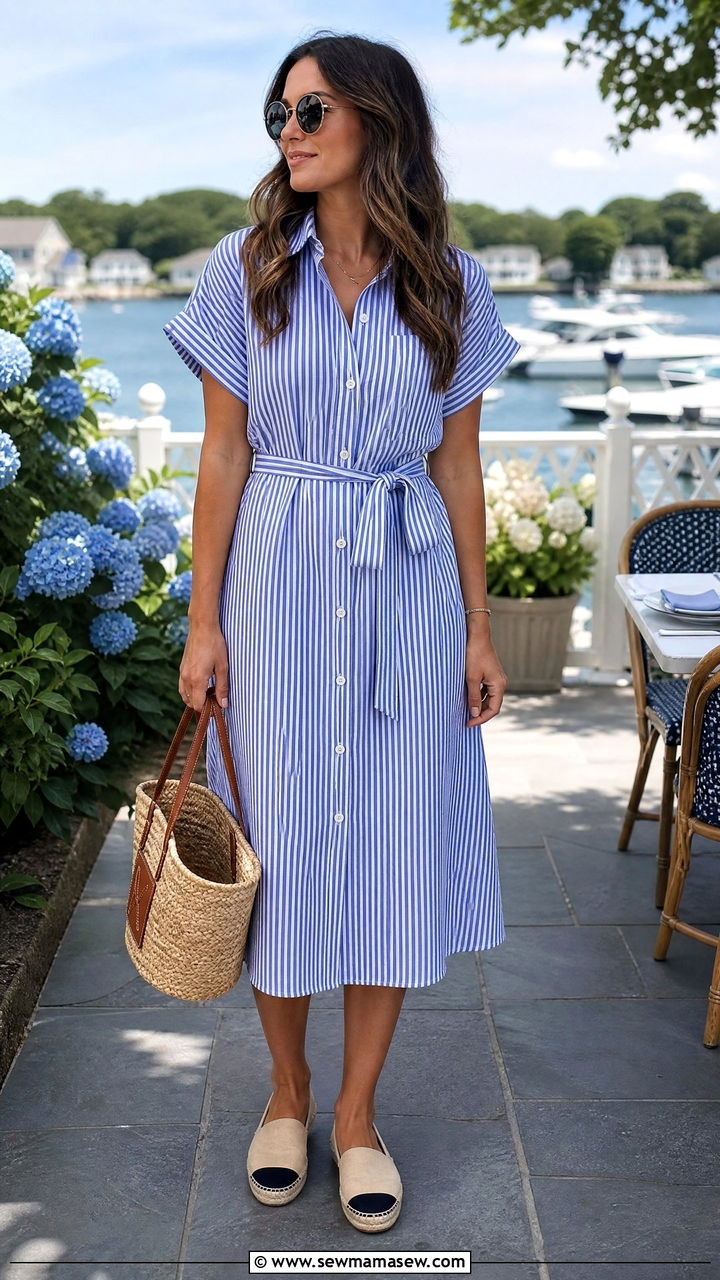 Striped Shirt Dress And Basket Bag - 30 Mother's Day brunch outfit ideas
