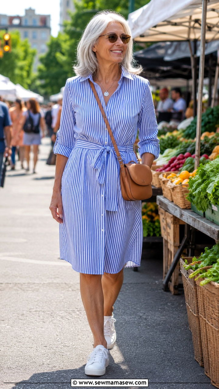 Striped Shirt Dress With Belted Waist - 30 Trendy outfits for women over 60