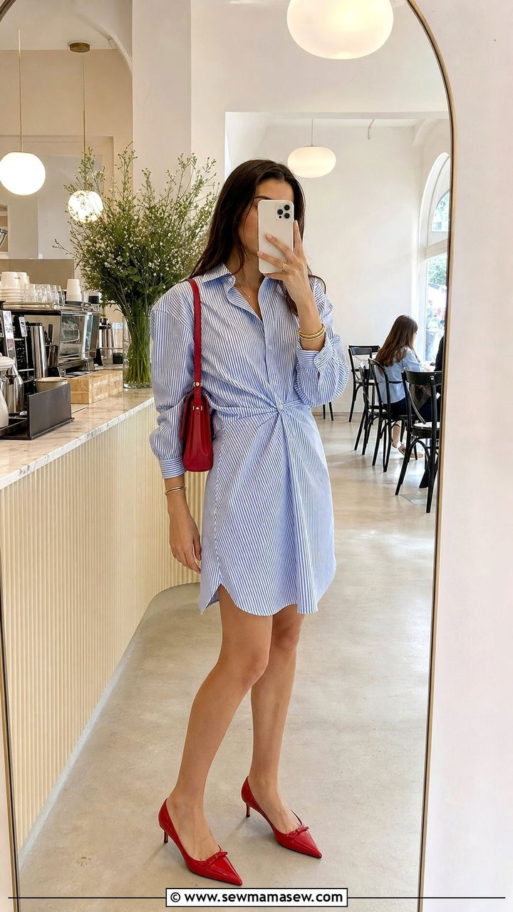 Striped Shirt Dress With Red Kitten Heels - 25 Shirt dress outfit ideas with heels