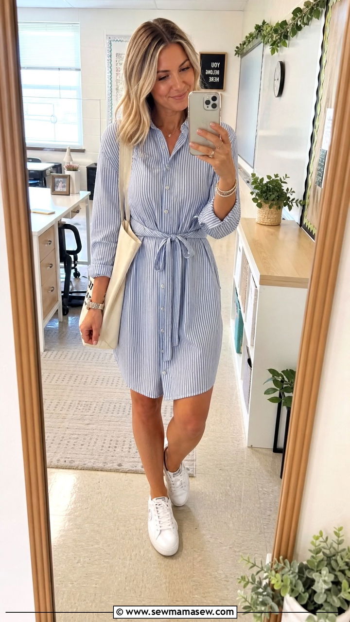 Striped Shirt Dress With White Sneakers Outfit - 40 Spring teacher outfits