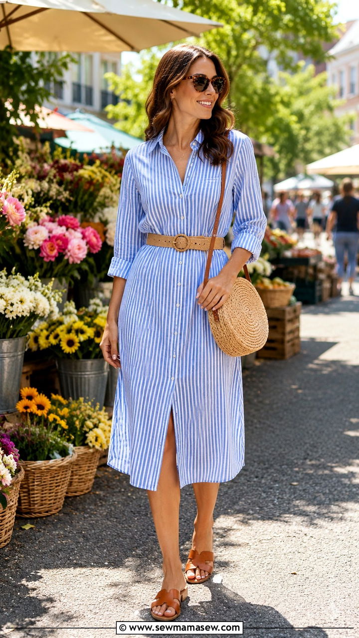Striped Shirt Dress With Woven Belt And Sandals - 30 Spring city outfits