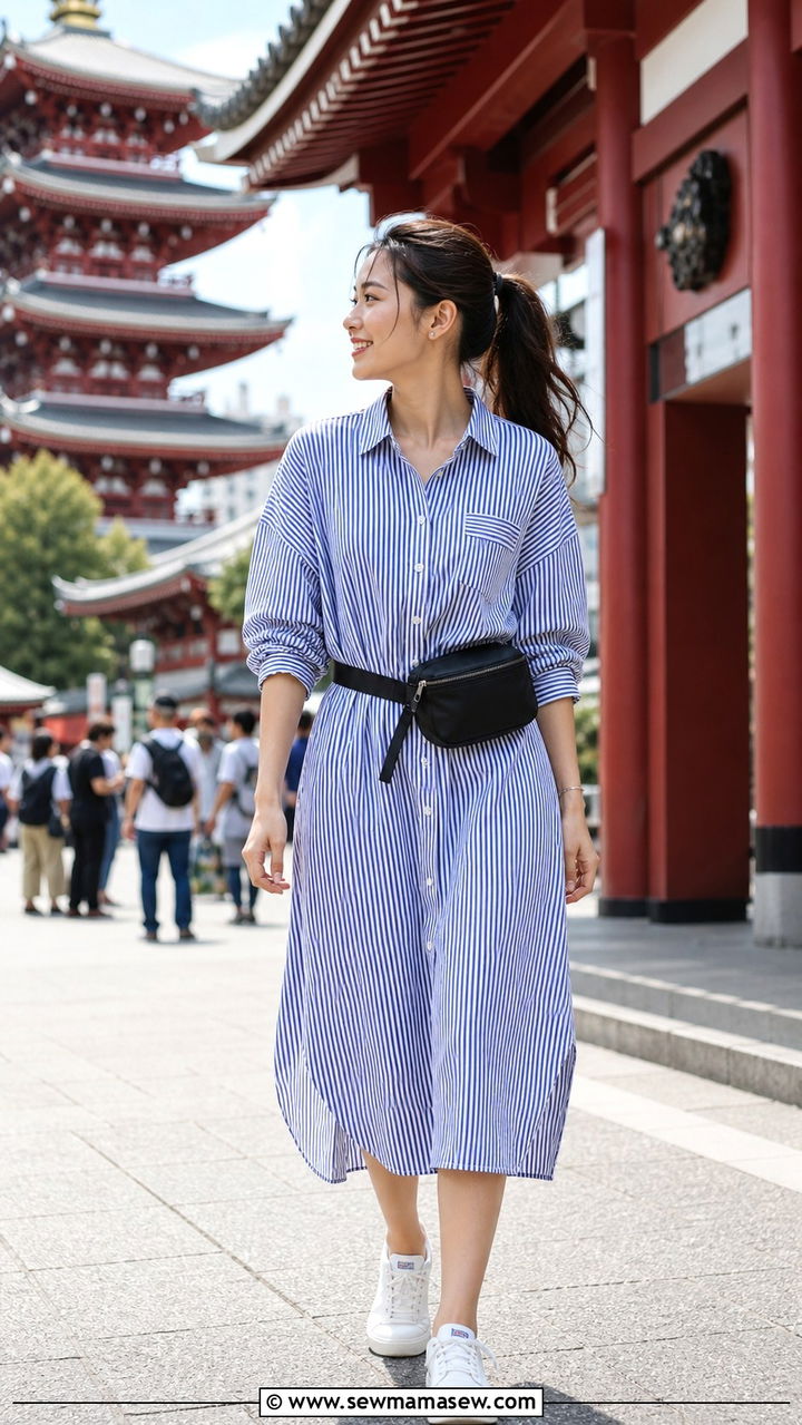 Striped Shirt Dress and Waist Bag Outfit - 40 Summer Japan outfit ideas