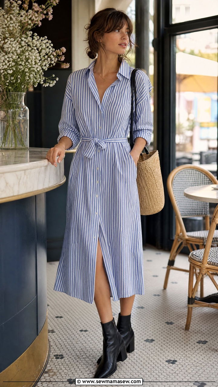 Striped Shirt Dress with Ankle Boots - 30 Summer outfits with ankle boots