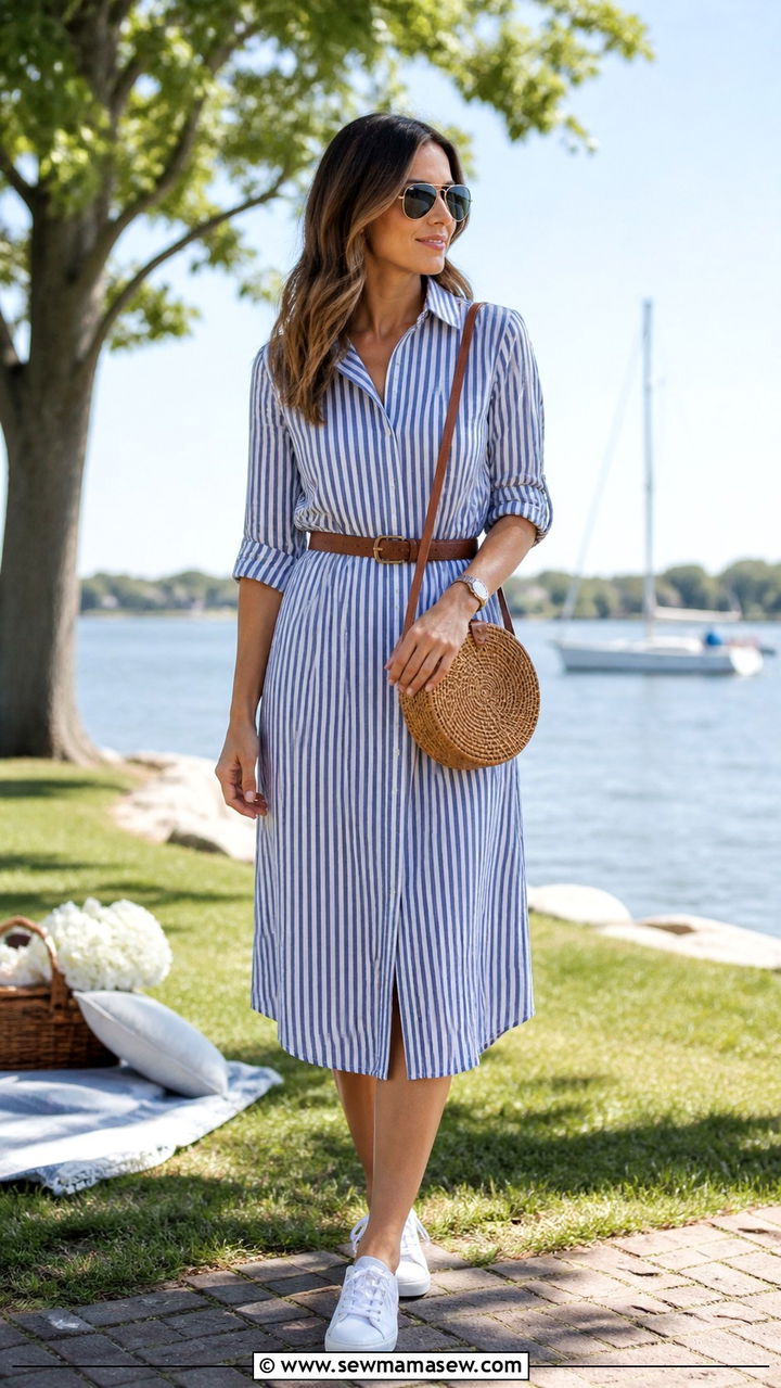 Striped Shirt Dress with Canvas Sneakers Picnic Outfit - 40 Spring picnic outfits
