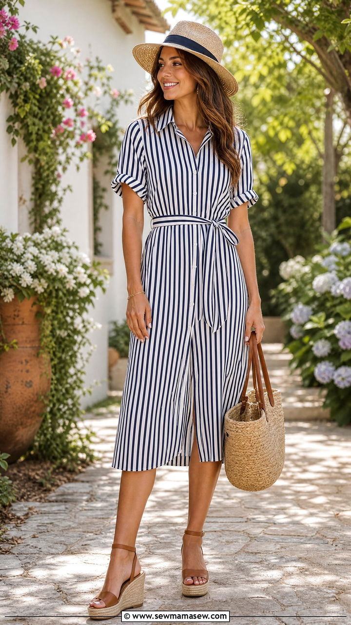 Striped Shirt Dress with Espadrille Wedges - 25 chic shirt dress outfit ideas