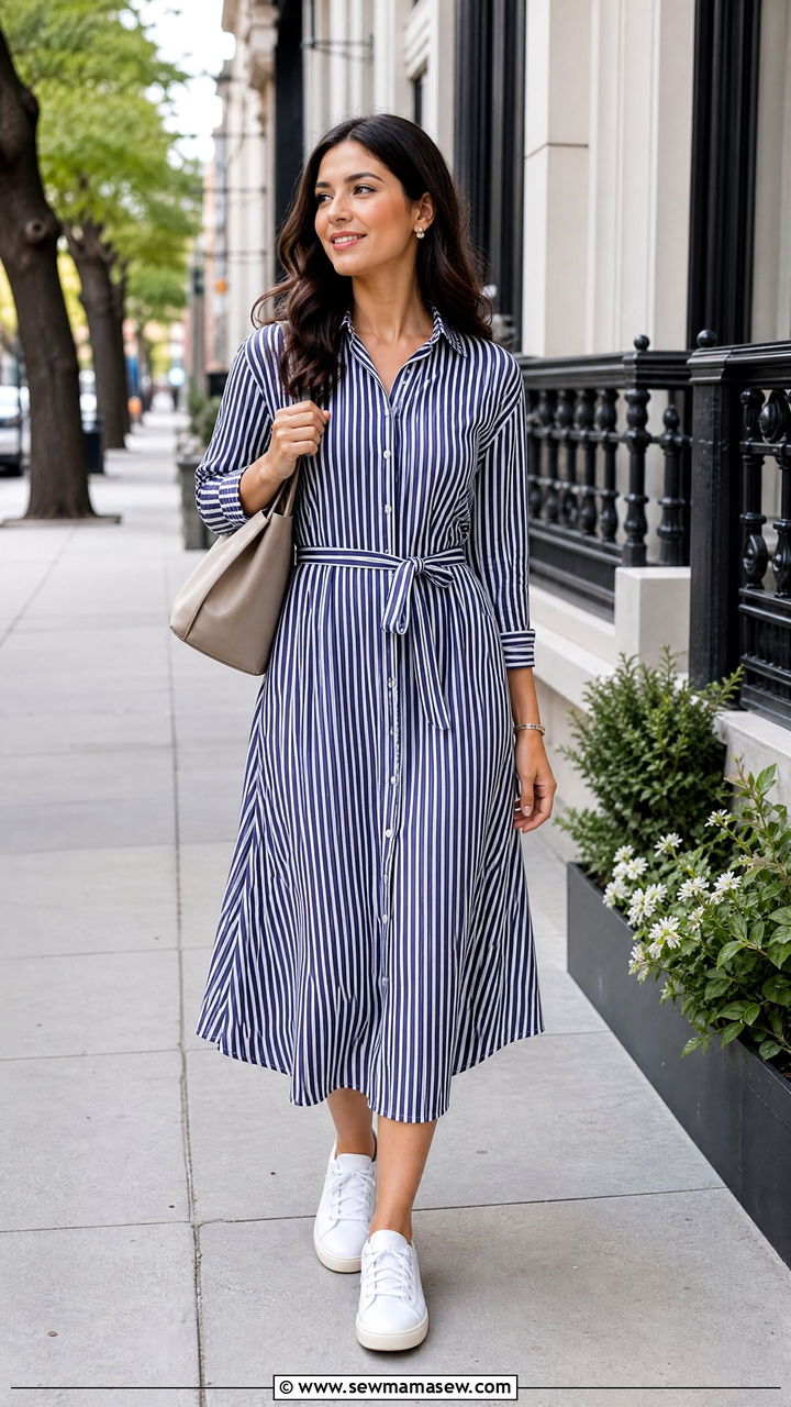 Striped Shirt Dress with White Sneakers - 30 Modest spring outfits