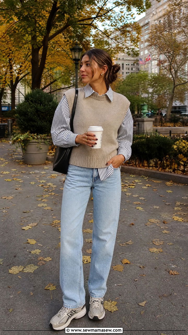 Striped Shirt Layered with Knit Vest and Straight Jeans - 25 French girl outfit ideas with a striped shirt