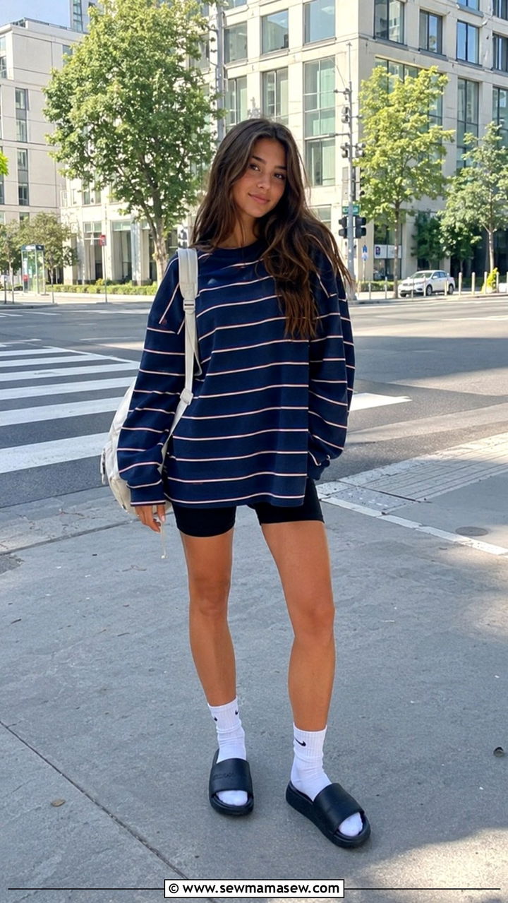 Striped Shirt Over Biker Shorts Outfit - 20 Summer school outfit ideas teens