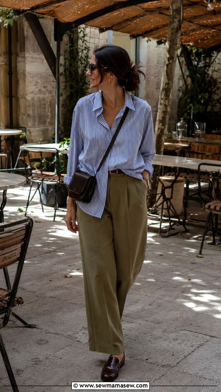 Striped Shirt Relaxed Trousers Loafers Outfit - 25 transitional weekend outfit ideas
