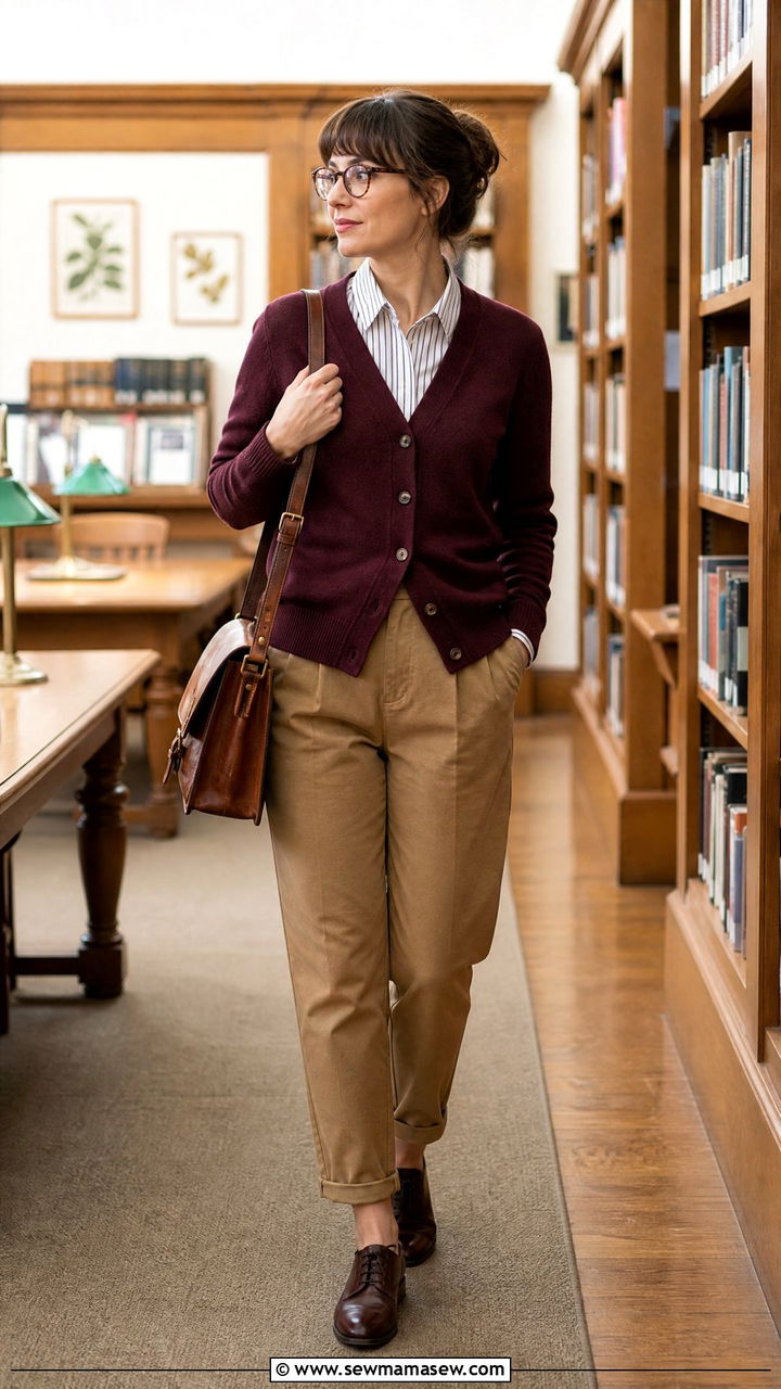 Striped Shirt Under V Neck Cardigan - 35 librarian core outfits