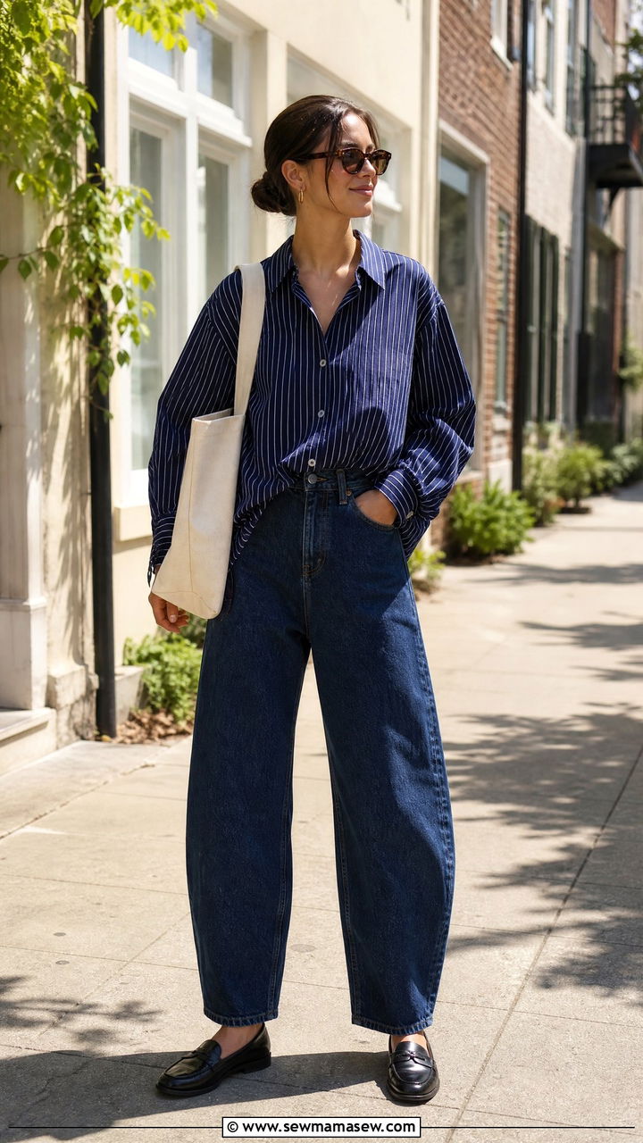Striped Shirt With Barrel Jeans And Loafers - 30 casual scandinavian outfits