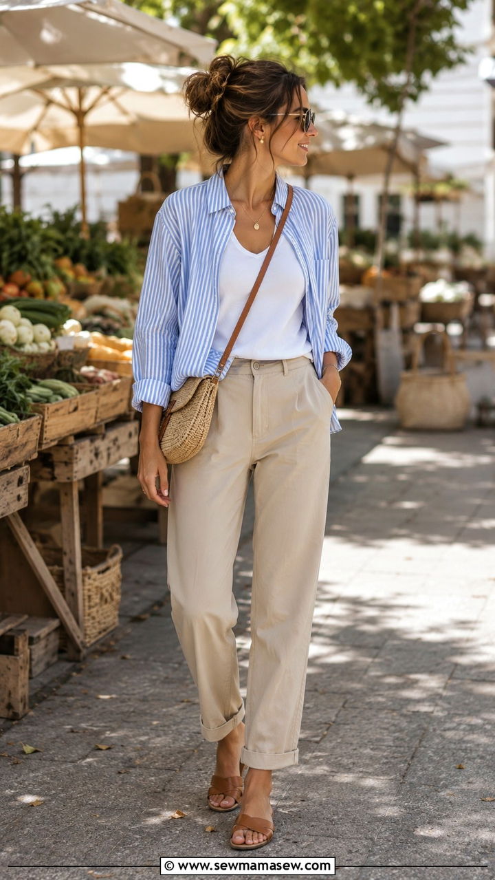 Striped Shirt With Beige Chinos - 30 Scandi minimalist outfit ideas