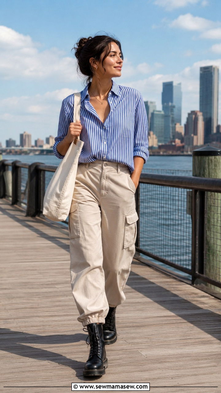 Striped Shirt With Cargo Pants And Combat Boots - 30 spring boots outfit ideas