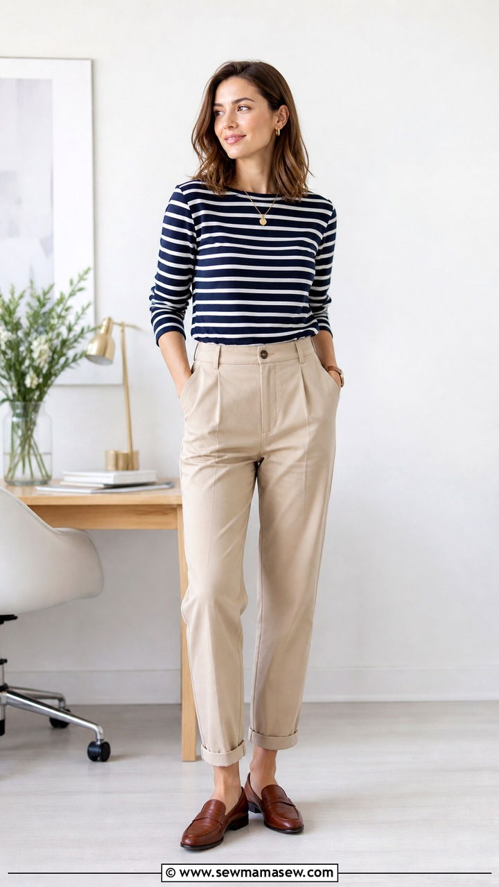 Striped Shirt With High Waist Chinos - 40 Casual office outfit ideas