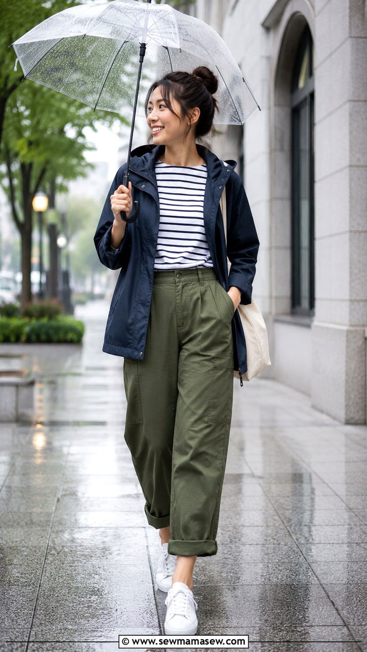 Striped Shirt With Utility Pants and Navy Jacket - 30 rainy day outfits casual