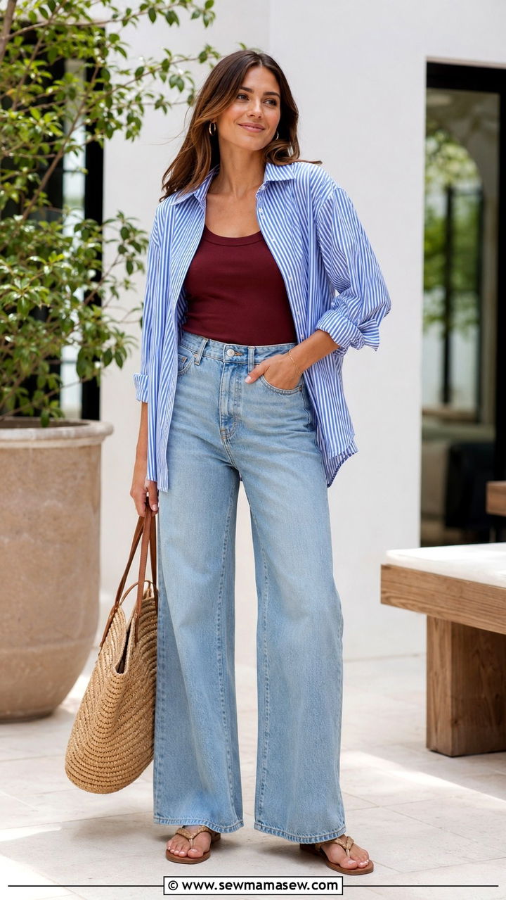 Striped Shirt With Wide Leg Jeans and Burgundy Tank - 30 spring midsize outfit ideas