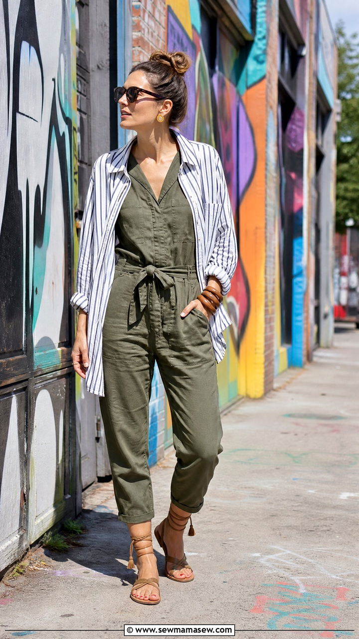 Striped Shirt Worn Open Over a Utility Jumpsuit - 25 French girl outfit ideas with a striped shirt