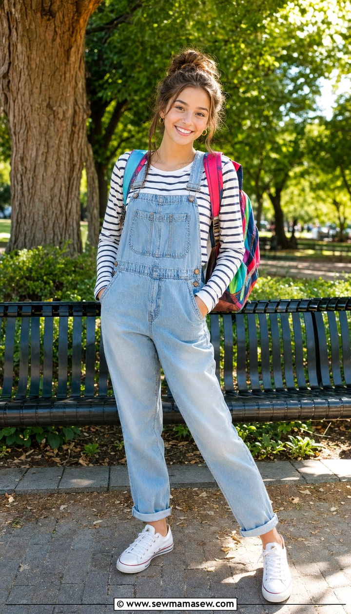 Striped Shirt and Denim Overalls Outfit - 35 Back to school outfit ideas 11th grade