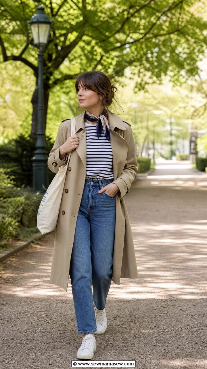 Striped Shirt and Trench Coat with High Waisted Jeans - 25 French girl outfit ideas with a striped shirt