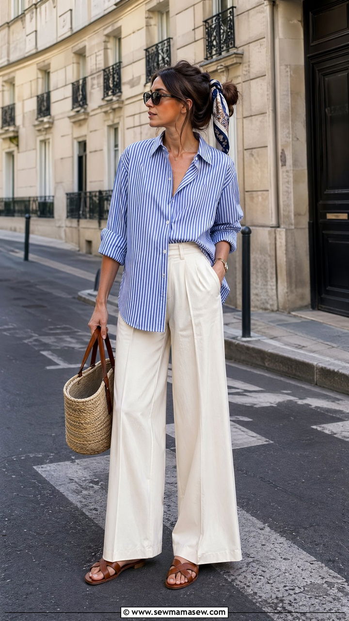 Striped Shirt and Wide Leg Trousers Outfit - 35 European summer outfits for women