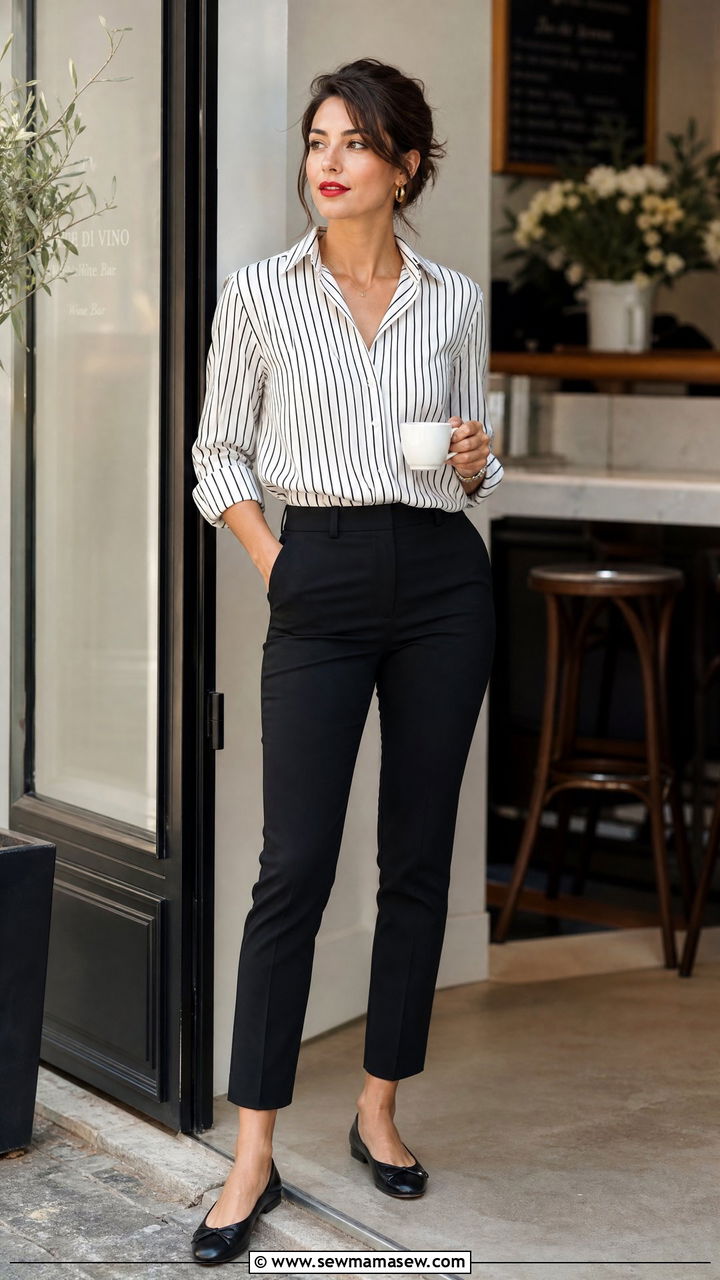 Striped Shirt with Black Cigarette Pants and Ballet Flats - 25 French girl outfit ideas with a striped shirt