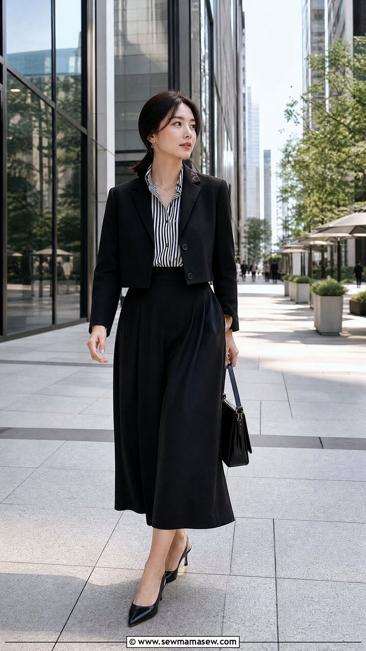 Striped Shirt with Black Culottes and Slingback Heels - 25 French girl outfit ideas with a striped shirt