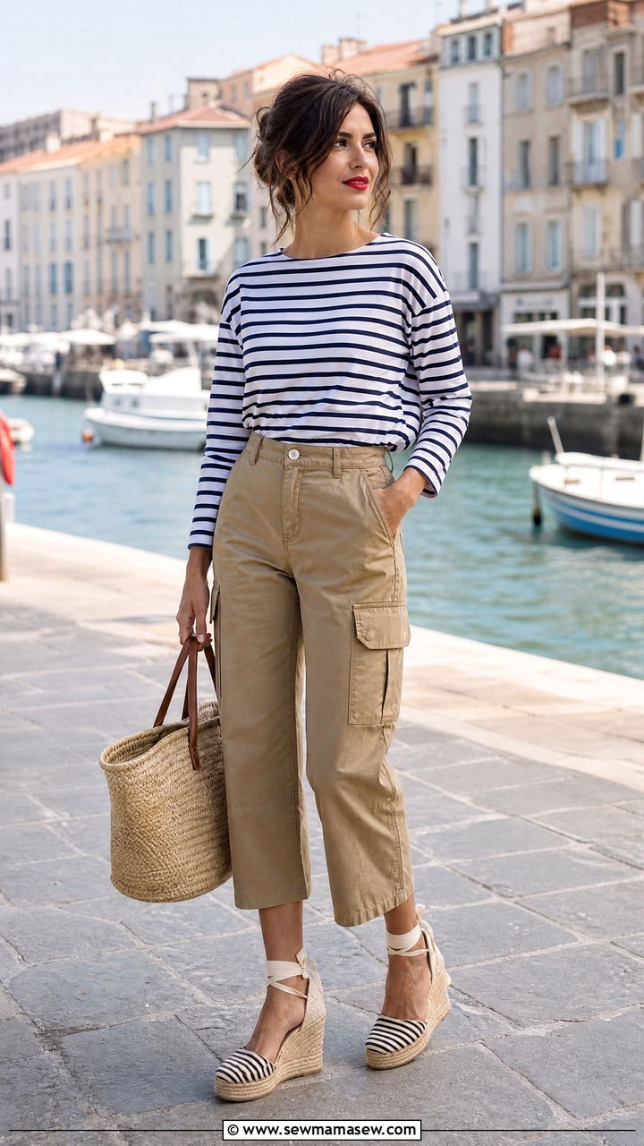 Striped Shirt with Cropped Cargo Pants and Espadrilles - 30 summer cargo pants outfit ideas