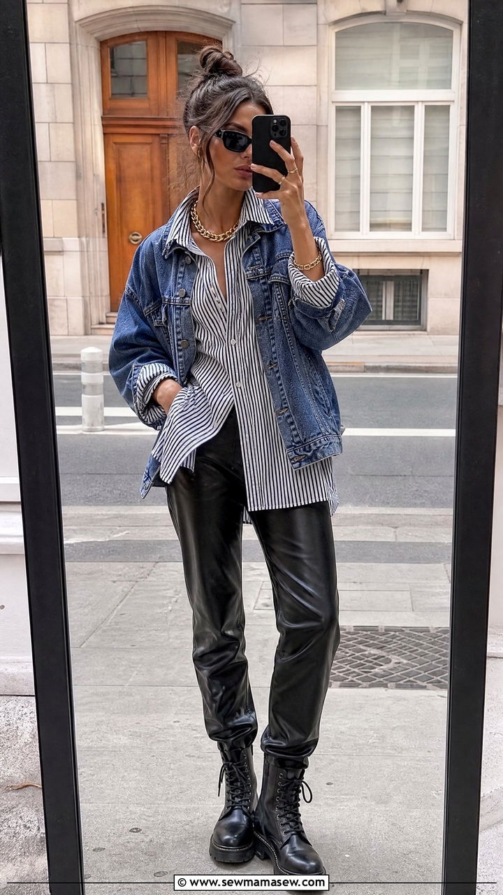 Striped Shirt with Leather Pants and Combat Boots - 25 French girl outfit ideas with a striped shirt