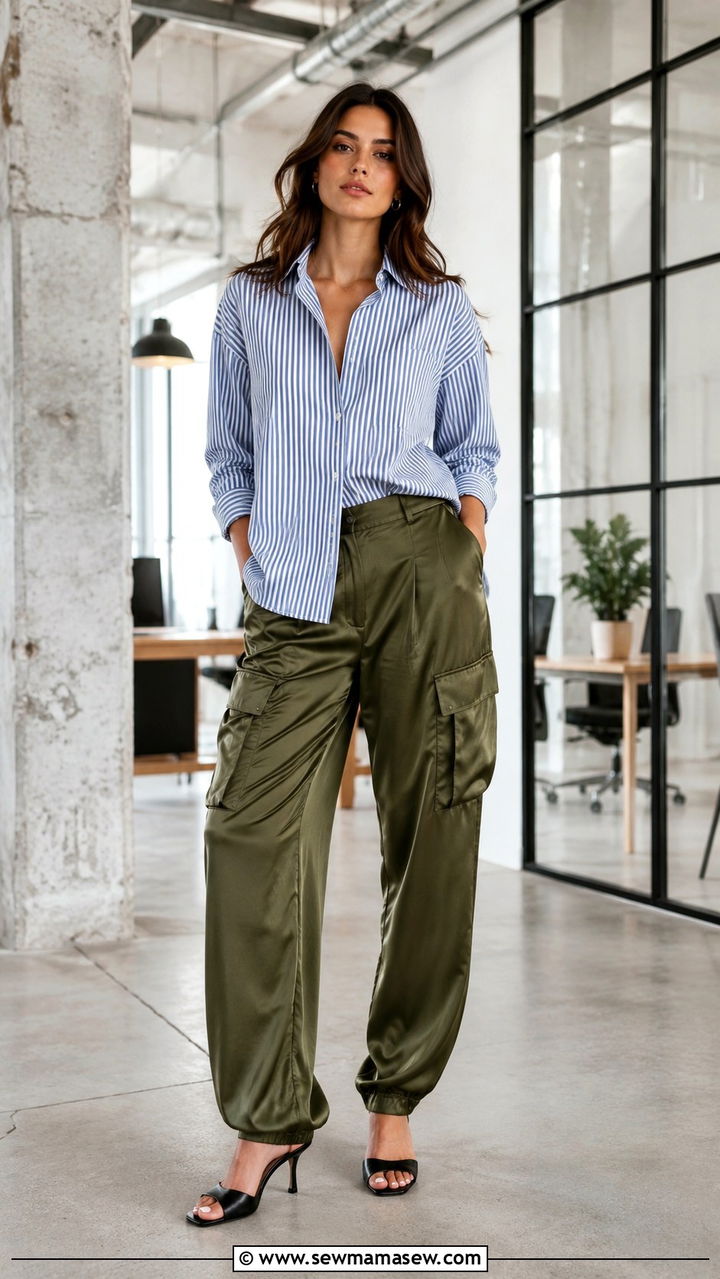 Striped Shirt with Olive Green Cargo Trousers and Mules - 30 business casual outfits aesthetic