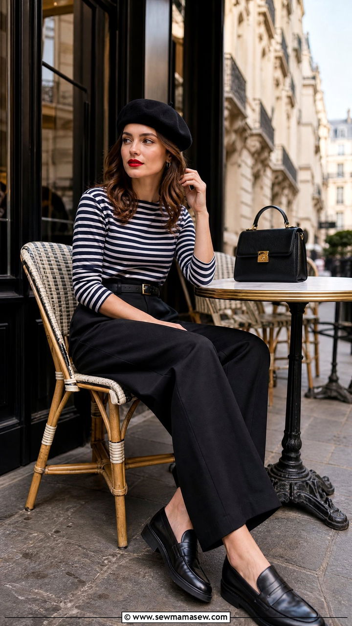 Striped Shirt with Wide Leg Pants and Beret - 25 French girl outfit ideas with a striped shirt
