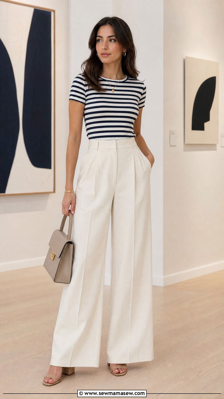 Striped Shirt with Wide Leg Trousers and Block Heels - 25 French girl outfit ideas with a striped shirt