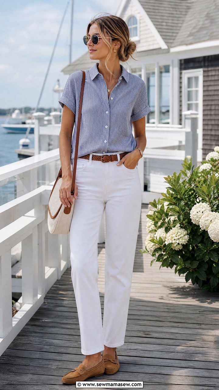 Striped Short Sleeve Shirt and White Denim - 30 Old money outfit ideas for yacht club
